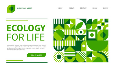 Environment ecology landing page with geometric pattern. Vector web banner template for environmental campaigns, sustainability awareness and eco friendly focused projects in green and white colors