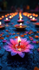Floating Lit Flower Blossom Candles Adorn Surface for Celebration