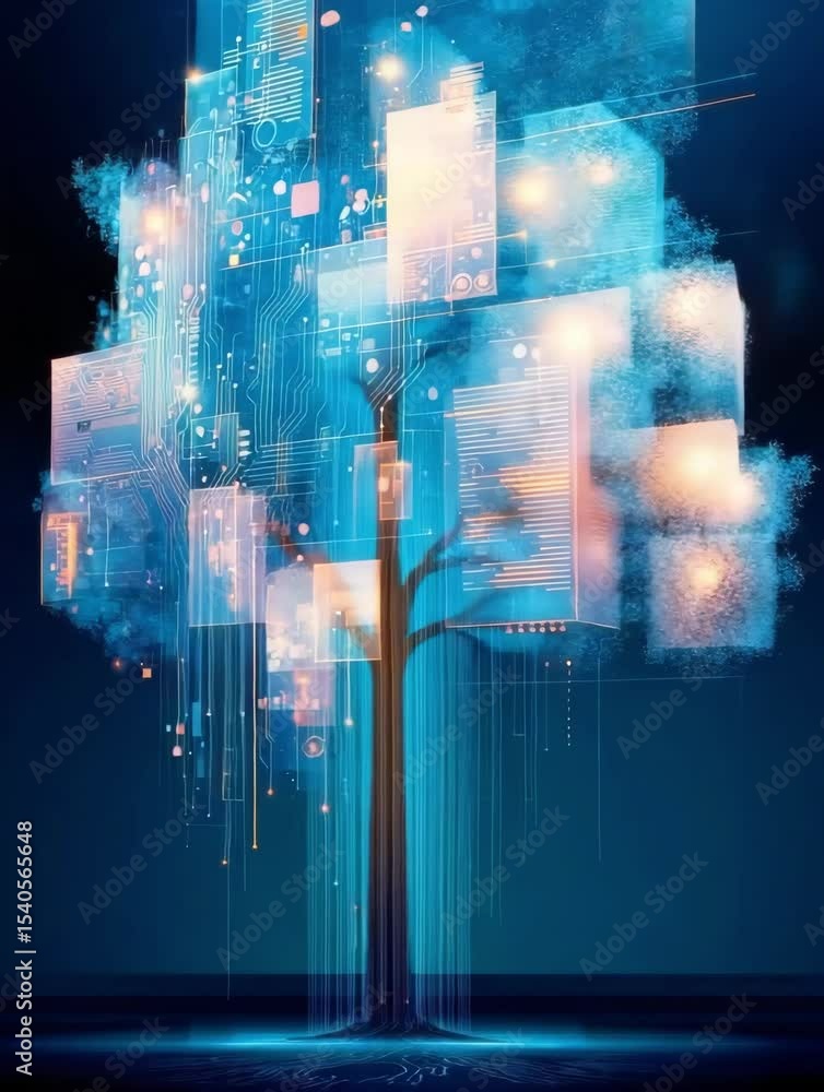 Aufkleber digital tree representation with glowing circuits and technology nodes at night