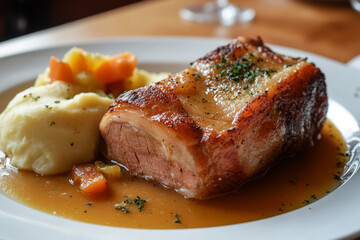 Succulent Schweinebraten garnished with fresh herbs is served alongside fluffy mashed potatoes and savory gravy in a cozy German eatery