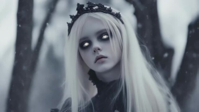 Pale skinned young woman wearing black crown standing in winter cemetery, surrounded by falling snow, embodying dark fantasy character with haunting presence