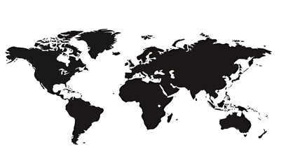 Stylized black and white world map silhouette on a clean background.