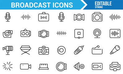 Naklejka premium Simple Icon Set for Broadcasting: Media, Audio, and Recording Devices