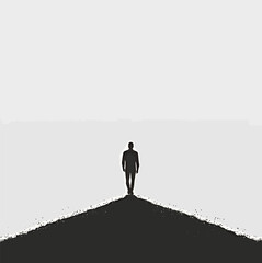 Silhouette of a man walking towards a bright horizon in a minimalist landscape.