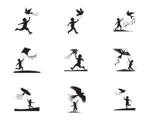 Boy Flying Bird-Shaped Kite Silhouette – Joyful Vector Design in Black on White