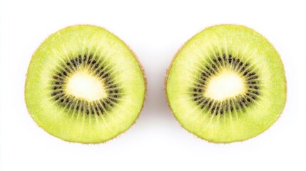 Fototapeta premium Fresh kiwi fruit slices with vibrant green flesh, black seeds, and fuzzy brown peel against a stark white background, showcasing juicy texture and natural freshness.