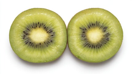 Fototapeta premium Fresh kiwi fruit slices with vibrant green flesh, black seeds, and fuzzy brown peel against a stark white background, showcasing juicy texture and natural freshness.