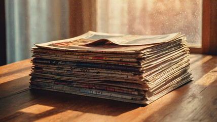 Stack of old books on a wooden table