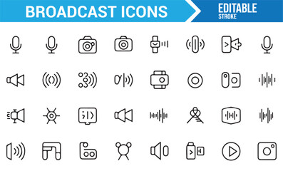 Collection of Broadcast Media Icons: Simple Line Design for Audio and Video Equipment