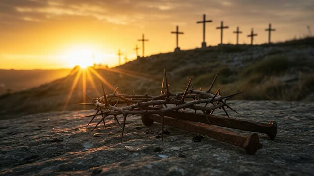 Crown thorns and iron nails at sunrise on stone texture with distant crosses silhouette