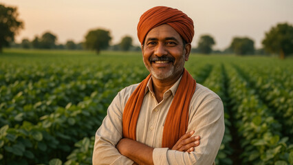 Proud farmer in lush field