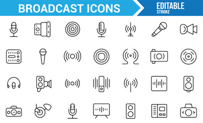 Vector Set of Broadcast Icons: Sound, Audio, Camera, and Microphone Symbols