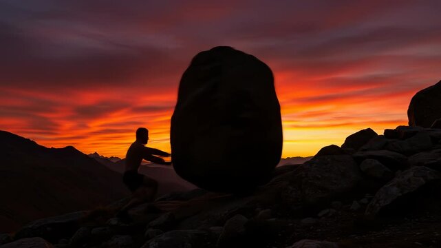  Sisyphus Silhouette: Man Pushing Boulder Uphill at Sunset - Perseverance, Challenge