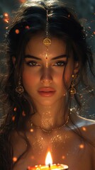 Indian Woman with Ornate Jewelry Illuminating Face by Candle Light