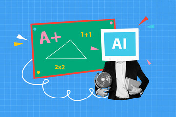 Composite artwork collage template sketch of teacher man computer head ai board maths artificial digital school webinar study intellect