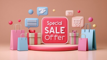 A colorful illustration of a sale event, complete with "Special Offer" icons and promotional banners.
