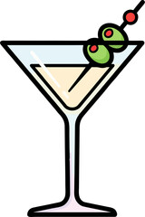Cartoon Martini Glass with Green Olives – Flat Vector Cocktail Icon for Bar and Drink Menu Design