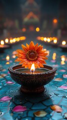 Decorative Oil Lamp with Floating Orange Flower Centered on Turquoise Mosaic Surface