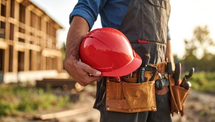 Red Hard Hat in Hand of Worker at Construction Site in Sunset