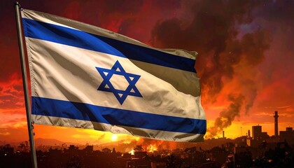 Israel Flag Against Dramatic Sunset Sky and Urban Landscape