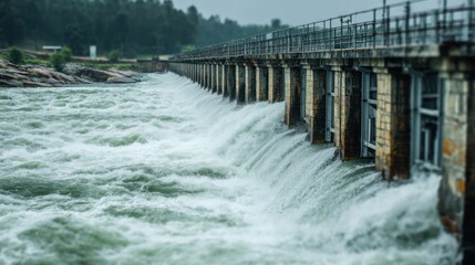 A wide concrete water dam releasing water with strong current