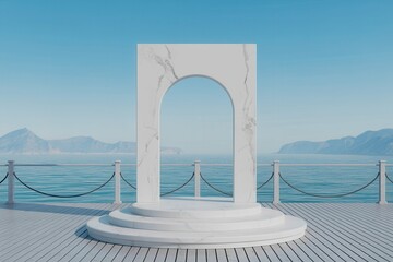 Fototapeta na wymiar White marble podium with sea view on background