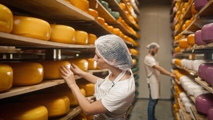 Pretty Caucasian woman checking product expiration date. Busy people moving wheels of cheese and finding imperfections. Working in production quality control. Concept of craft cheese making.
