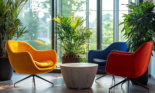 Vibrant Interior Scene with Yellow Blue and Red Swivel Chairs Arranged Around a Textured Gray Table Near Leafy Green