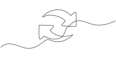 Fototapeta premium Continuous drawing of one line of a round arrows. Insurance concept. Arrows symbol isolated on a white background. Vector illustration, Arrow in a circle continuous one line drawing, Arrow Symbol