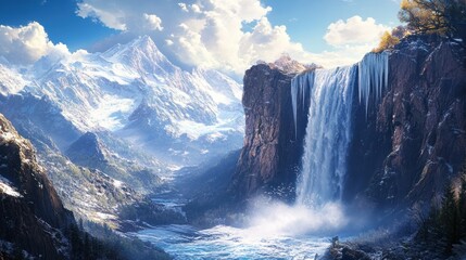 Majestic Winter Waterfall in Snowy Mountains