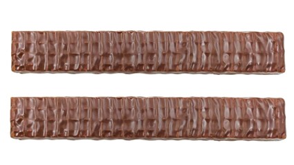 Top view of two chocolate-covered wafer bars, isolated on white background.