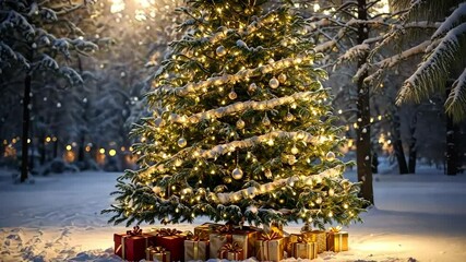 Fairy Christmas tree glows with warm fairy lights with golden decor in the forest in winter with snow, boxes with gifts are lying under fir tree. Christmas and New Year, festive mood, greeting card. - Powered by Adobe