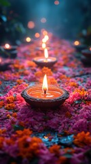 Diwali Oil Lamps Glowing Among Flower Petals in a Row for Holiday Celebration