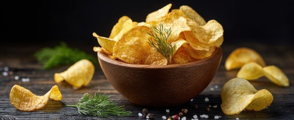 The delicious bowl of crispy potato chips garnished with fresh dill.