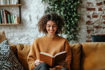 Flawless Image of Smiling Woman on Sofa with Book in Hand