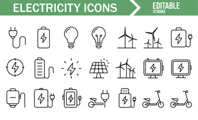 Clean Energy Icon Set: Solar Power, Wind Turbines, and Electric Vehicle Charging