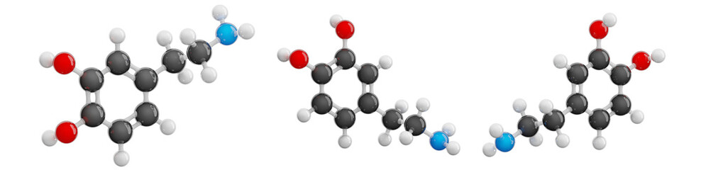 Dopamine (DA) molecule isolated on transparent background. Set of views showcasing a detailed 3D hormone model. Molecular formula: C8H11NO2. Chemical model: Ball and Stick. 3d illustration