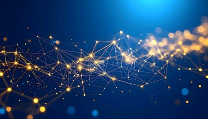 Clean 3D plexus network with glowing gold lines and interconnected nodes set against a professional blue background. A bright, minimalist corporate design for data visualization and tech presentations