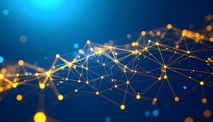 Clean 3D plexus network with glowing gold lines and interconnected nodes set against a professional blue background. A bright, minimalist corporate design for data visualization and tech presentations