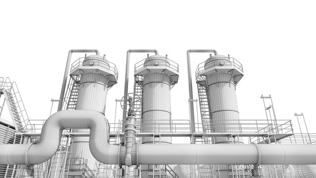 Wireframe model of gas compressor station isolated transparent background. Gas station play a crucial role in distributing and transporting natural gas. 3D illustration