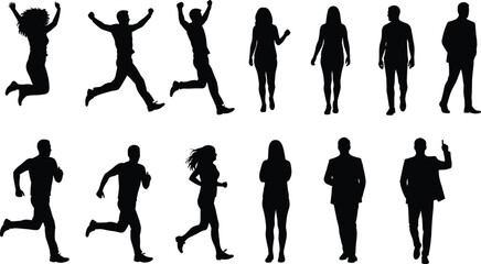 Silhouette vector of people running, walking, jumping, standing, male and female human figures, motion posture, shadow character illustration design
