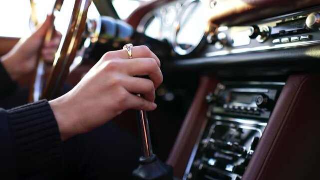 Close-up of a person's hand shifting gears inside a classic car.