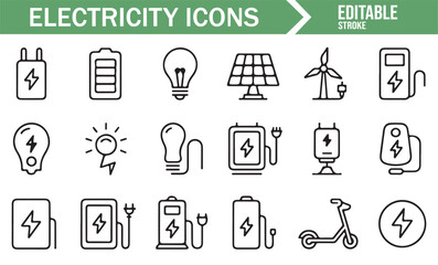 Set of Simple Icons for Electricity, Green Energy, and Electric Vehicle Charging