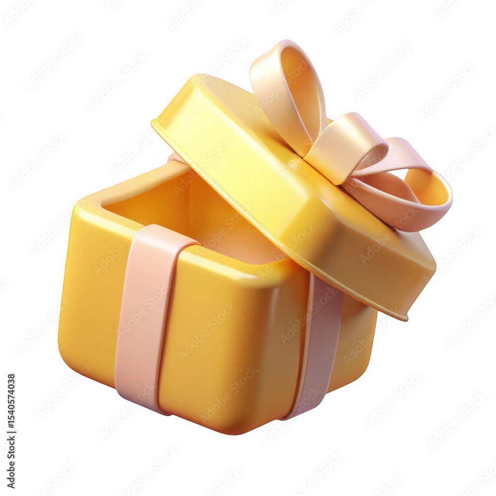 Poster 3d render of open yellow gift box with bow isolated on transparent background