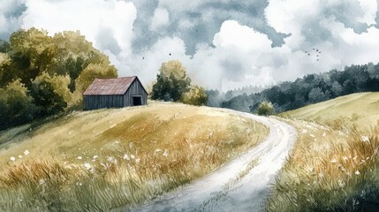 Serene Countryside Watercolor: Rustic Barn and Winding Road
