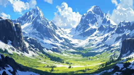 Majestic Alpine Valley: A Breathtaking Panorama of Snow-Capped Peaks and Lush Meadows
