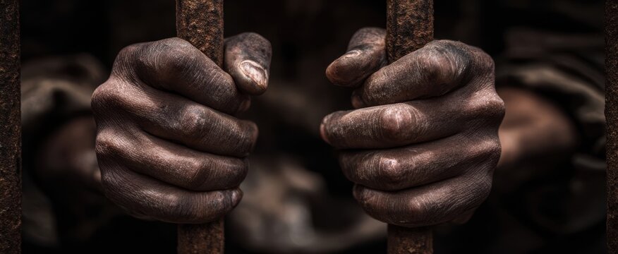 The hands of a prisoner grasping rusted bars in a dark confinement setting.