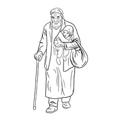 Line Art of Elderly Refugee Man Carrying Child – Black and White Drawing. Minimalism style