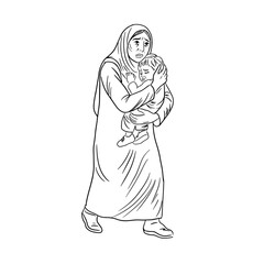 Sketching illustration of crying Muslim Mother and Baby – Middle East refugee family in war-torn ruined city. Hand drawn outline portrait