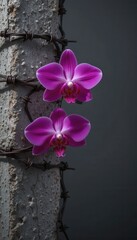Vibrant Fuchsia Orchids Bloom Amidst Barbed Wire